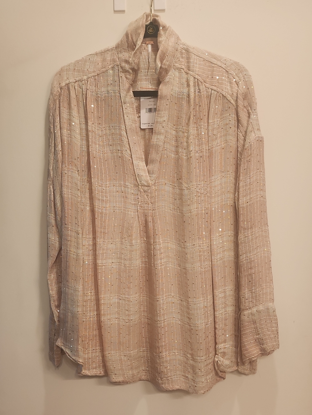NWT Free People Plaid Oversized Blouse Sequin Pinkish Beige XS